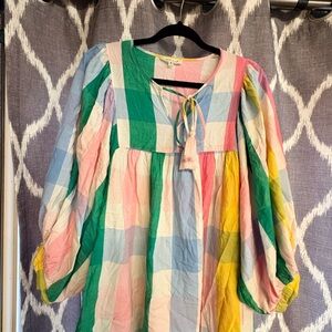 Indigo Soul Multicolor Gingham Peasant Top – Size M